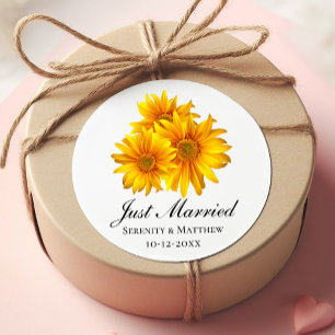 Boho Sunflowers Country Wedding Just Married Classic Round Sticker
