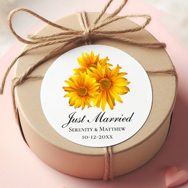 Boho Sunflowers Country Wedding Just Married  Classic Round Sticker (Creator Uploaded)