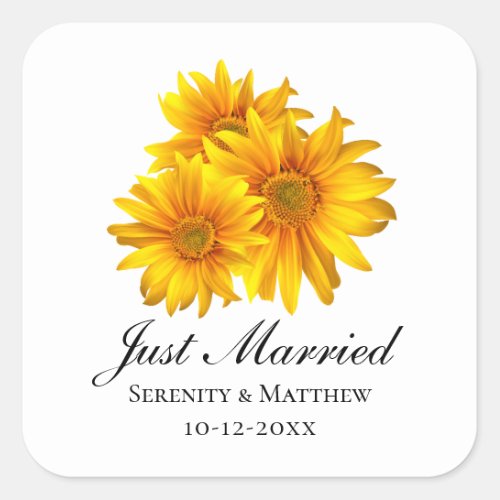 Boho Sunflowers Country Wedding Just Married  Square Sticker