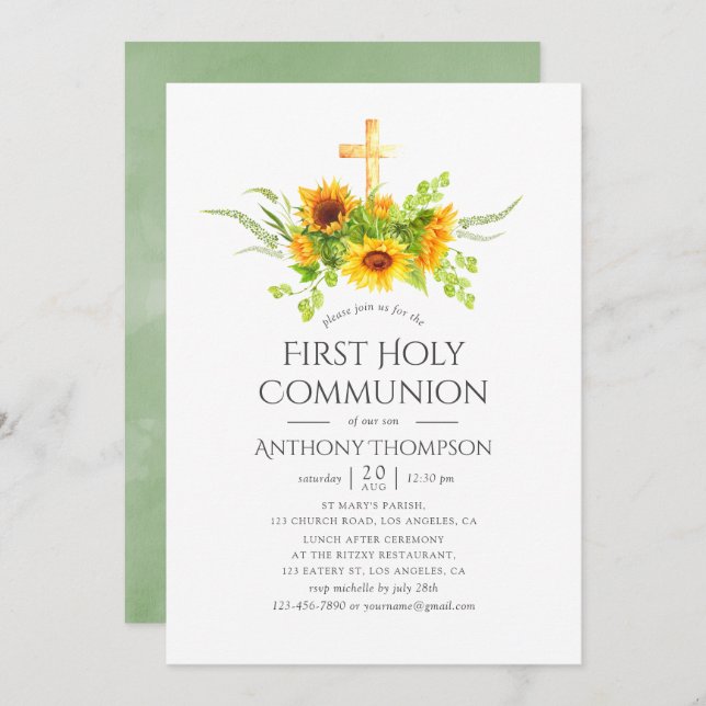 Boho Sunflowers First Holy Communion Invitation (Front/Back)