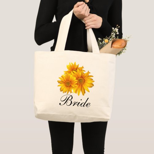 Boho Sunflowers Floral Personalized Bride Gift  Large Tote Bag