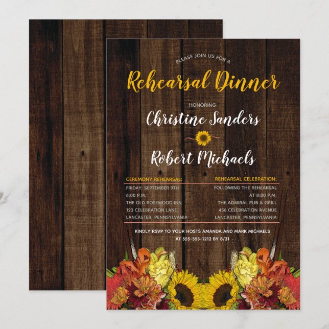 Boho Sunflowers Floral | Wood Rehearsal Dinner Invitation (Front/Back)