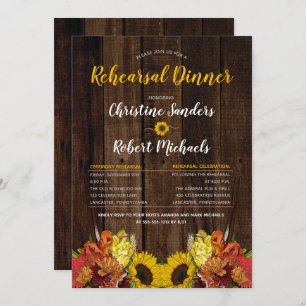 Boho Sunflowers Floral Wood Rehearsal Dinner Invitation