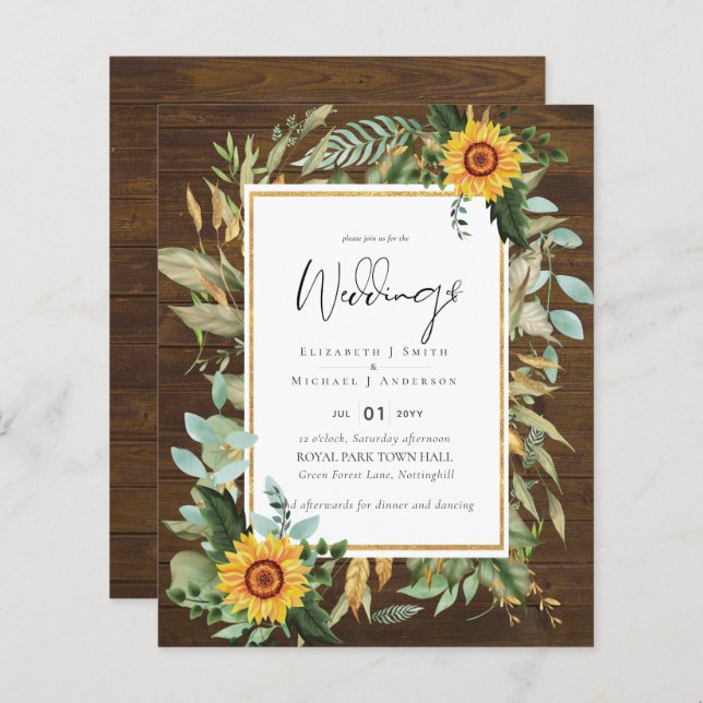 Boho Sunflowers Greenery Watercolor Wedding BUDGET (Front/Back)