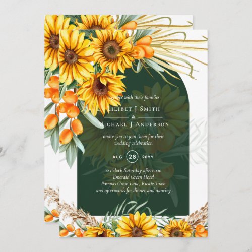 BOHO Sunflowers Pampas Grass Emerald Green Wedding Invitation