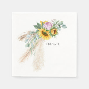 Boho Sunflowers & Pink Peonies Personalized Shower Napkins