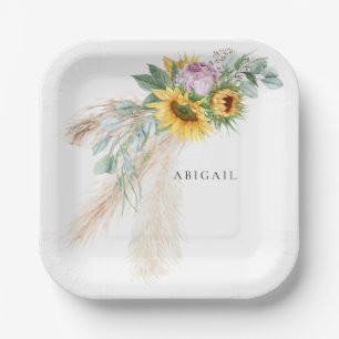 Boho Sunflowers & Pink Peonies Personalized Shower Paper Plates