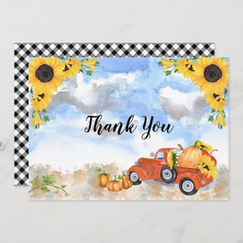 Boho Sunflowers  Pumpkins Girl Baby Shower Thank You Card