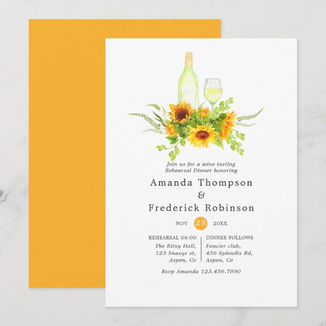 Boho Sunflowers Rehearsal Dinner Wine Tasting Invitation (Front/Back)