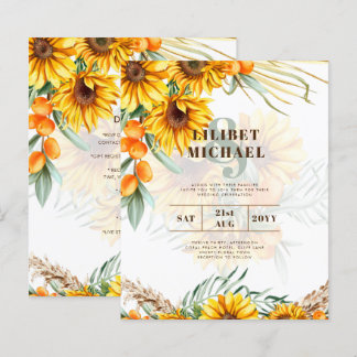 Boho Sunflowers Rustic Wedding Invite Double Sided