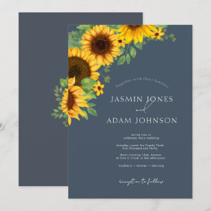 Boho Sunflowers Slate Blue Wedding Invitation