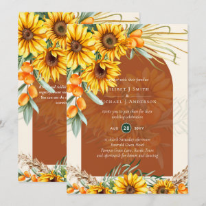Boho Sunflowers Terracotta Pampas Grass Wedding Invitation