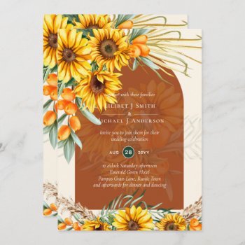 Boho Sunflowers Terracotta Pampas Grass Wedding Invitation