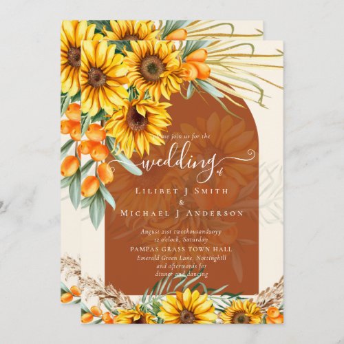 Boho Sunflowers Terracotta Pampas Grass Wedding Invitation