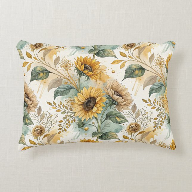 Boho Sunflowers Watercolor Gold Accent Pillow (Front)