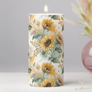 Boho Sunflowers Watercolor Gold Pillar Candle