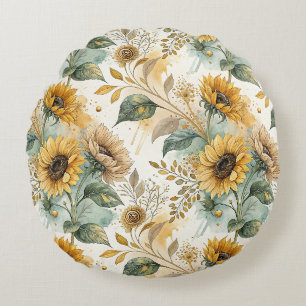 Boho Sunflowers Watercolor Gold Round Pillow