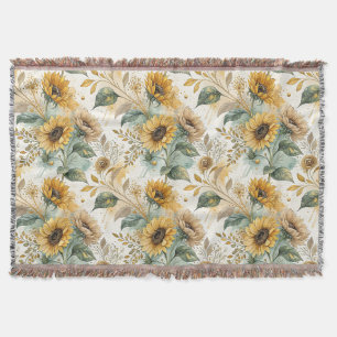 Boho Sunflowers Watercolor Gold Throw Blanket