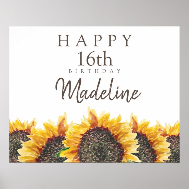 Boho Sunflowers White Happy 16th (or any) Birthday Poster (Front)