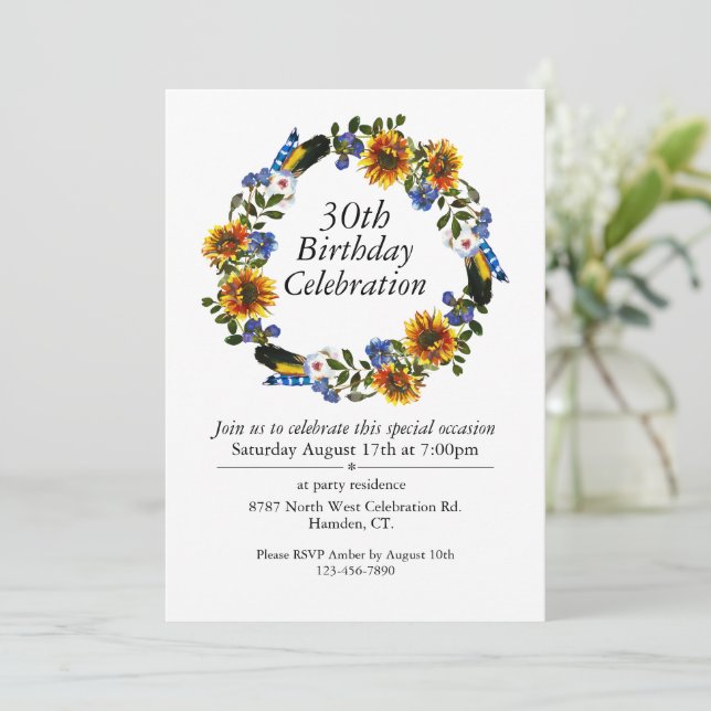 Boho Sunflowers Wreath Customizable 30th Birthday Invitation (Standing Front)
