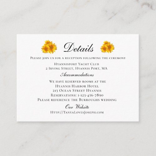 Boho Sunflowers Yellow Floral Wedding Details Enclosure Card