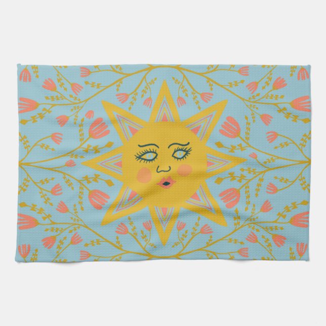 Boho Suns & Flowering Vines Pink Yellow Blue Kitchen Towel (Horizontal)