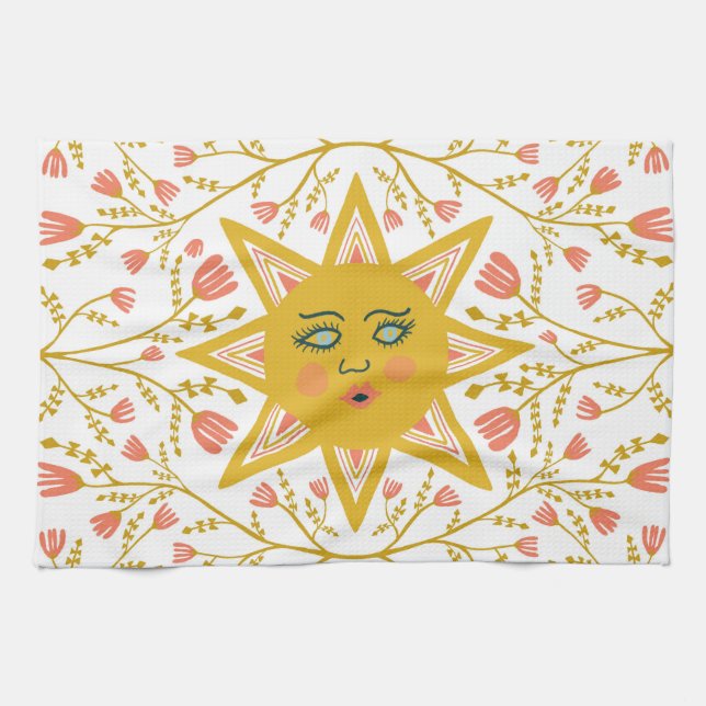 Boho Suns & Flowering Vines Pink Yellow Kitchen Towel (Horizontal)