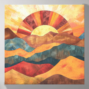Boho Sunset Over Mountains -Retro Earthy Landscape Canvas Photo Tile