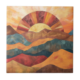 Boho Sunset Over Mountains -Retro Earthy Landscape Ceramic Tile