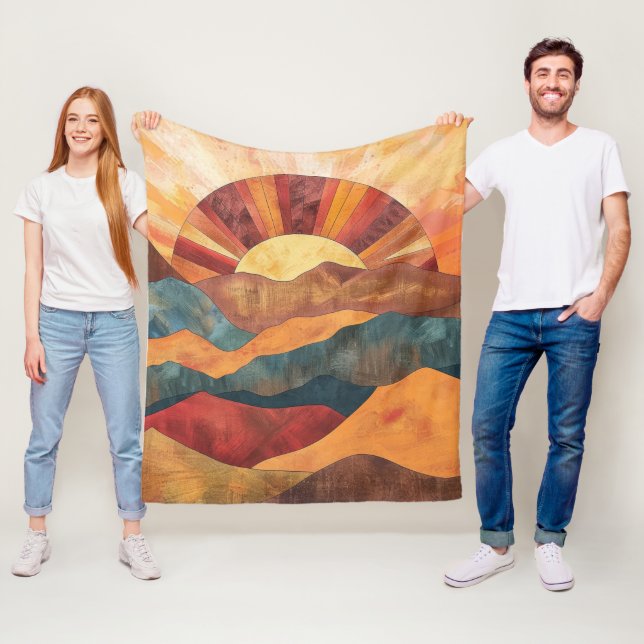 Boho Sunset Over Mountains -Retro Earthy Landscape Fleece Blanket (In Situ)