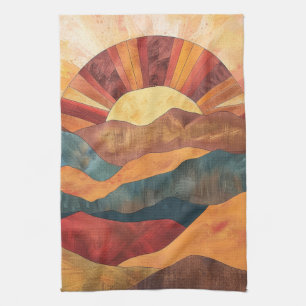 Boho Sunset Over Mountains -Retro Earthy Landscape Kitchen Towel