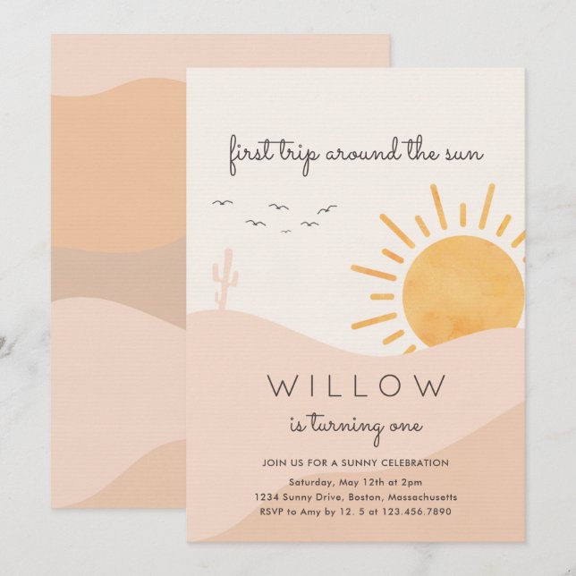 Boho Sunshine 1st Trip around The Sun Birthday  Invitation (Front/Back)