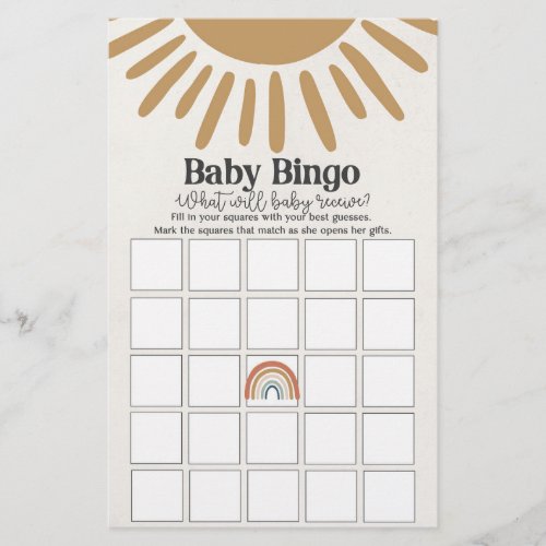 boho sunshine baby bingo baby shower game 