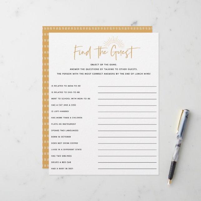 Boho Sunshine Baby Shower Guest Game (Front/Back In Situ)