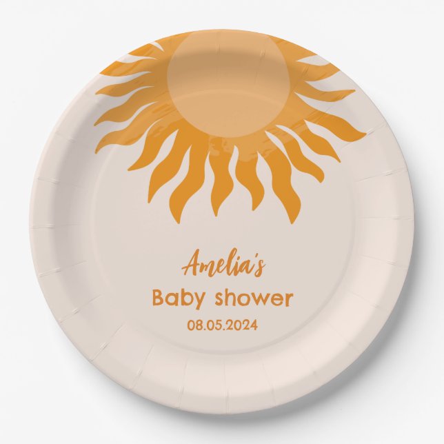 Boho Sunshine Baby Shower Yellow Sun Paper Plates (Front)