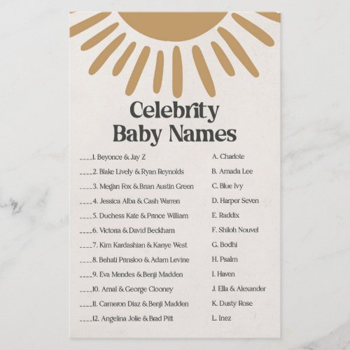 boho sunshine celebrity baby names shower game 