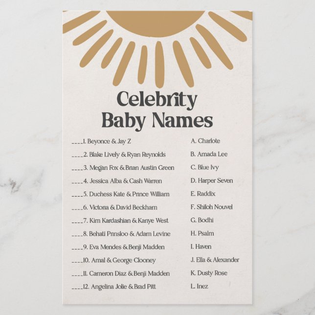 boho sunshine celebrity baby names shower game  (Front)
