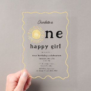 Boho Sunshine First Birthday One Happy Girl Retro Acrylic Invitations