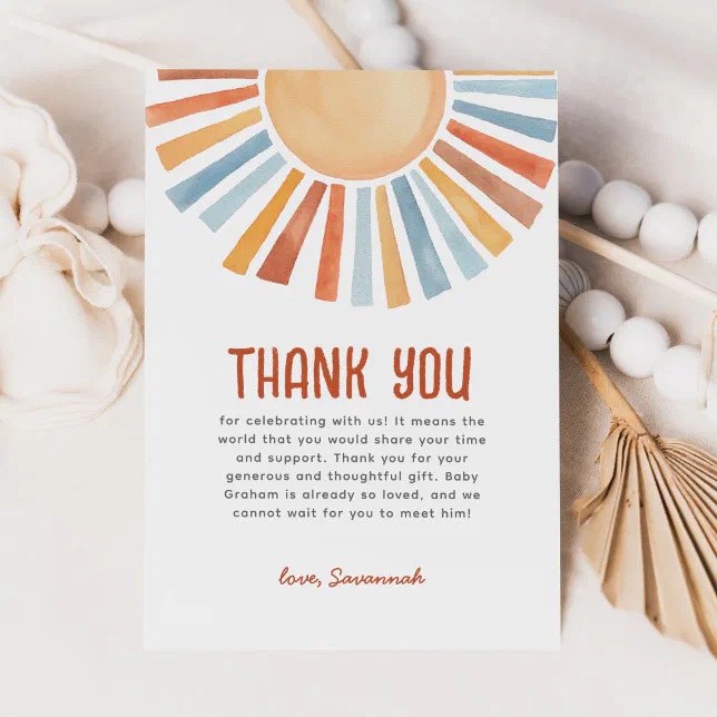 Boho Sunshine Gender Neutral Baby Shower Thank You Card | Zazzle