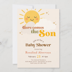 Boho Sunshine Here Comes the Son Retro Baby Shower Invitation