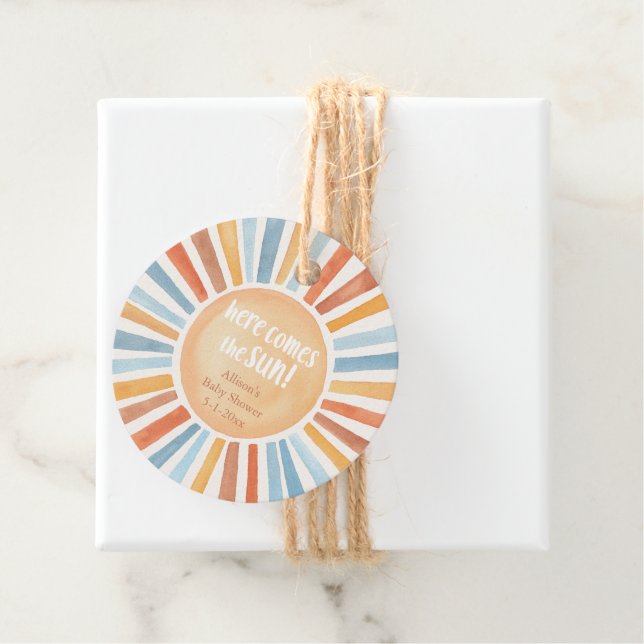 Boho sunshine Here Comes the Sun baby shower Favor Tags (In Situ)