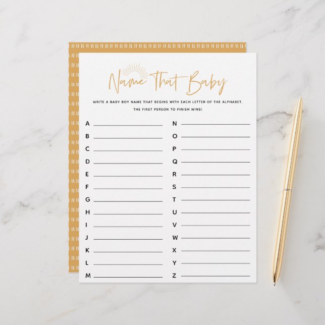 Boho Sunshine Name That Baby Shower Game (Front/Back In Situ)