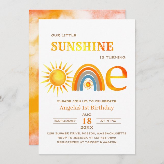 Boho Sunshine one celebration watercolor Invitation (Front/Back)