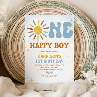 Boho Sunshine One Happy Boy Birthday Invitation