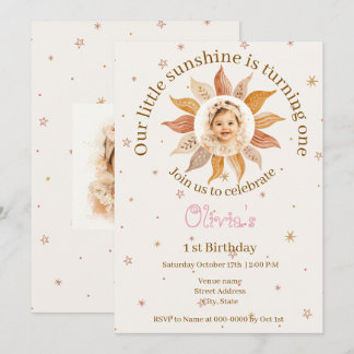 Boho Sunshine Photo First Birthday Girl Invitation