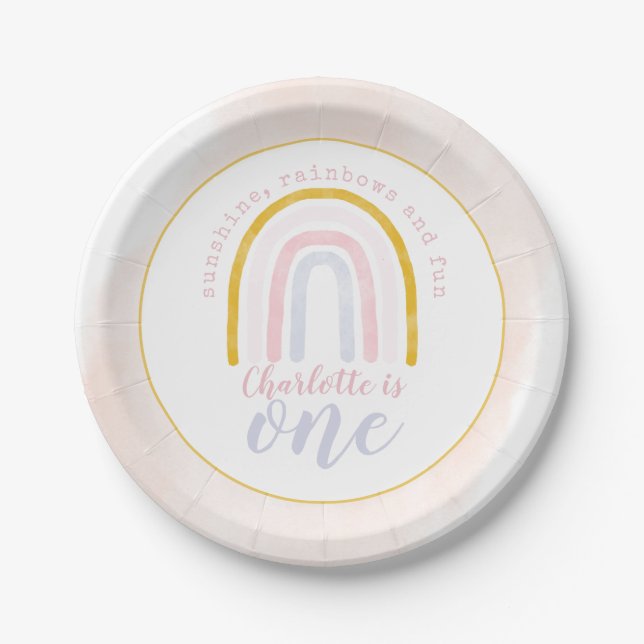 Boho Sunshine, Rainbows and Fun First Birthday Paper Plates (Front)