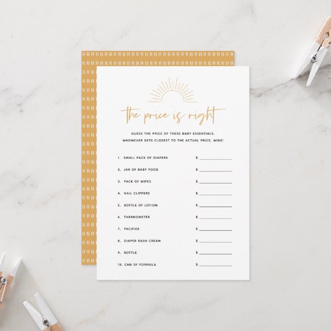 Boho Sunshine The Price Is Right Baby Shower Game Invitation (Front/Back In Situ)