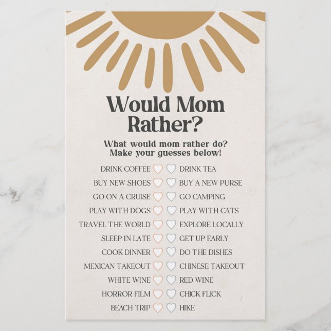 boho sunshine would mom rather baby shower game  (Front)