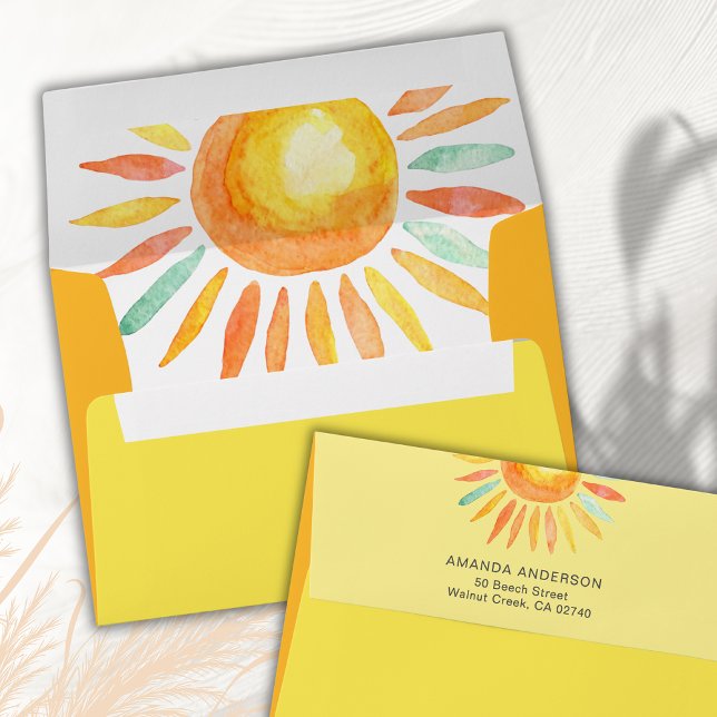 Boho Sunshine Yellow Blue Watercolor Sun Envelope (Creator Uploaded)