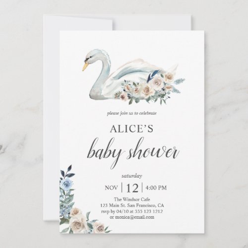 Boho Swan Dusty Blue Beige Flowers Baby Shower Invitation